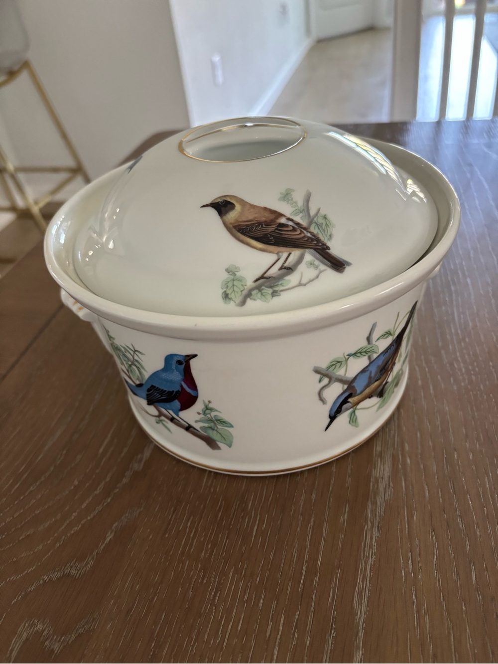 Vintage Louis Lourioux Le Faune Casserole Dish Fireproof Porcelain Birds Gold